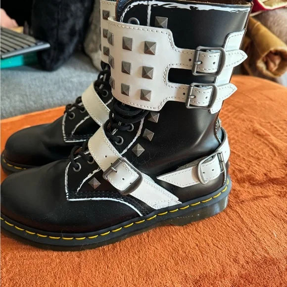 Dr. Martens Black and White Studded Combat Boots - Picture 4 of 7